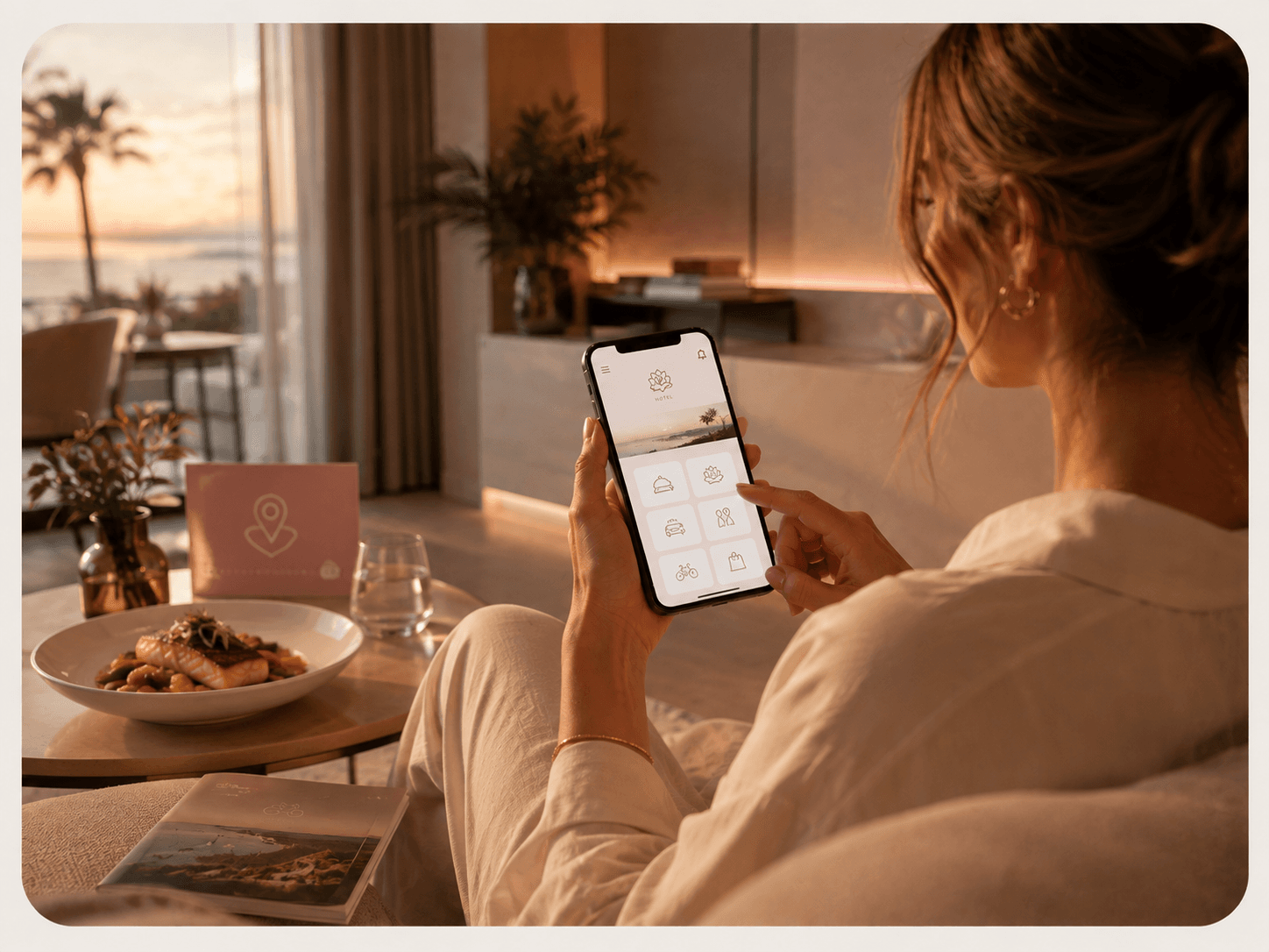 Hospede usando o app do hotel para acessar servicos e experiencias durante a estadia.